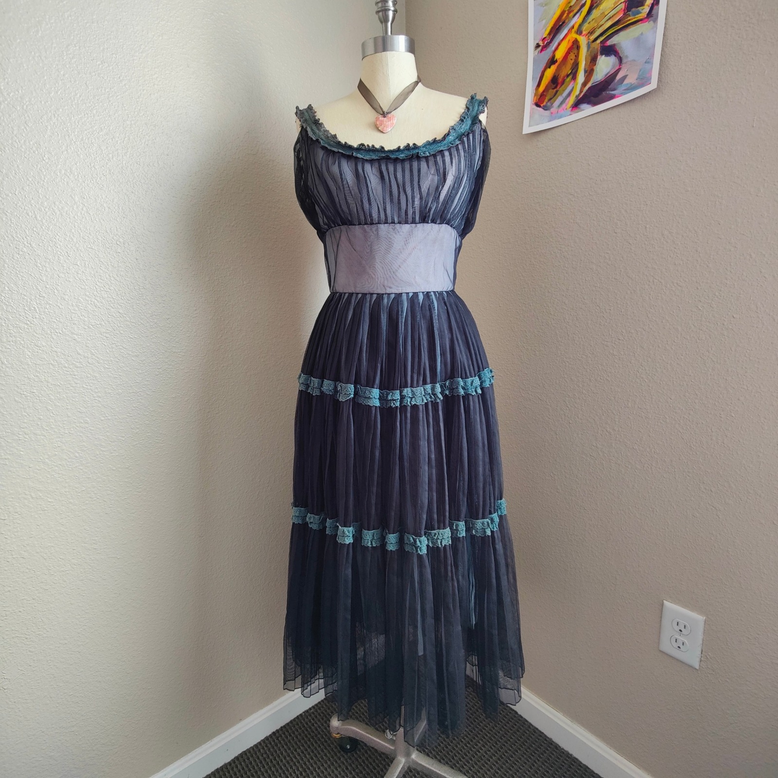 Vintage 1950s Smart Miss Illusion Lace Party Dress Pleated Tulle Midi Prom Retro